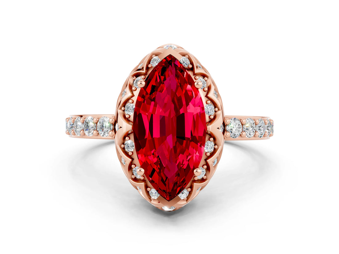 Rose gold Marquise Cut Ruby Scalloped Halo Engagement Ring with Round Shared Prong Band_12