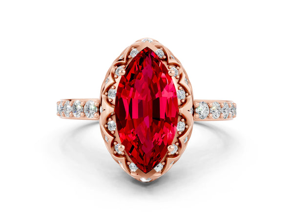 Rose gold Marquise Cut Ruby Scalloped Halo Engagement Ring with Round Shared Prong Band