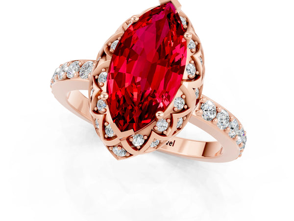 Rose gold Marquise Cut Ruby Scalloped Halo Engagement Ring with Round Shared Prong Band