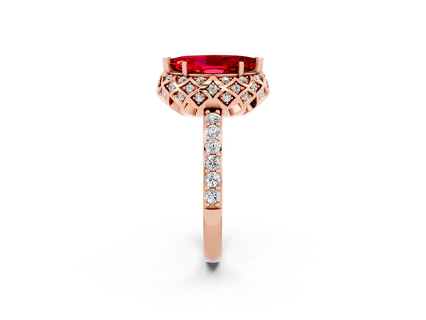 Rose gold Marquise Cut Ruby Scalloped Halo Engagement Ring with Round Shared Prong Band