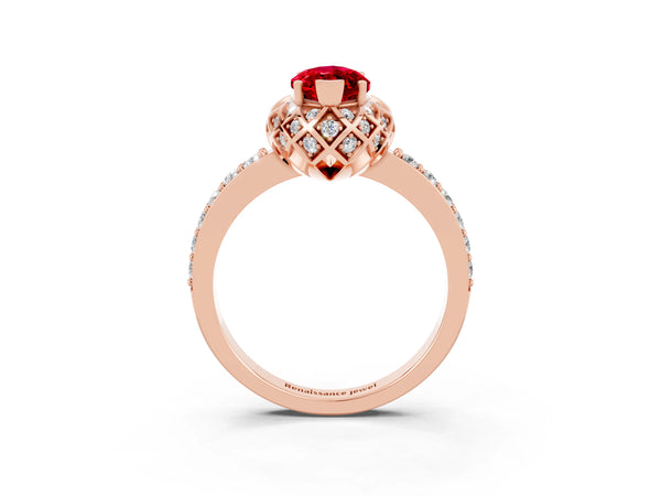 Rose gold Marquise Cut Ruby Scalloped Halo Engagement Ring with Round Shared Prong Band