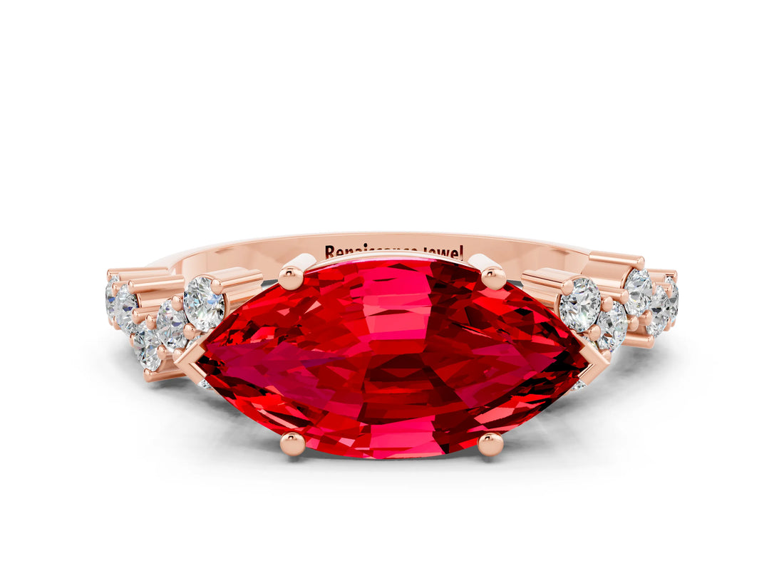 Rose gold Marquise Cut Ruby Scattered Round Accent Ring with Prong Setting_12