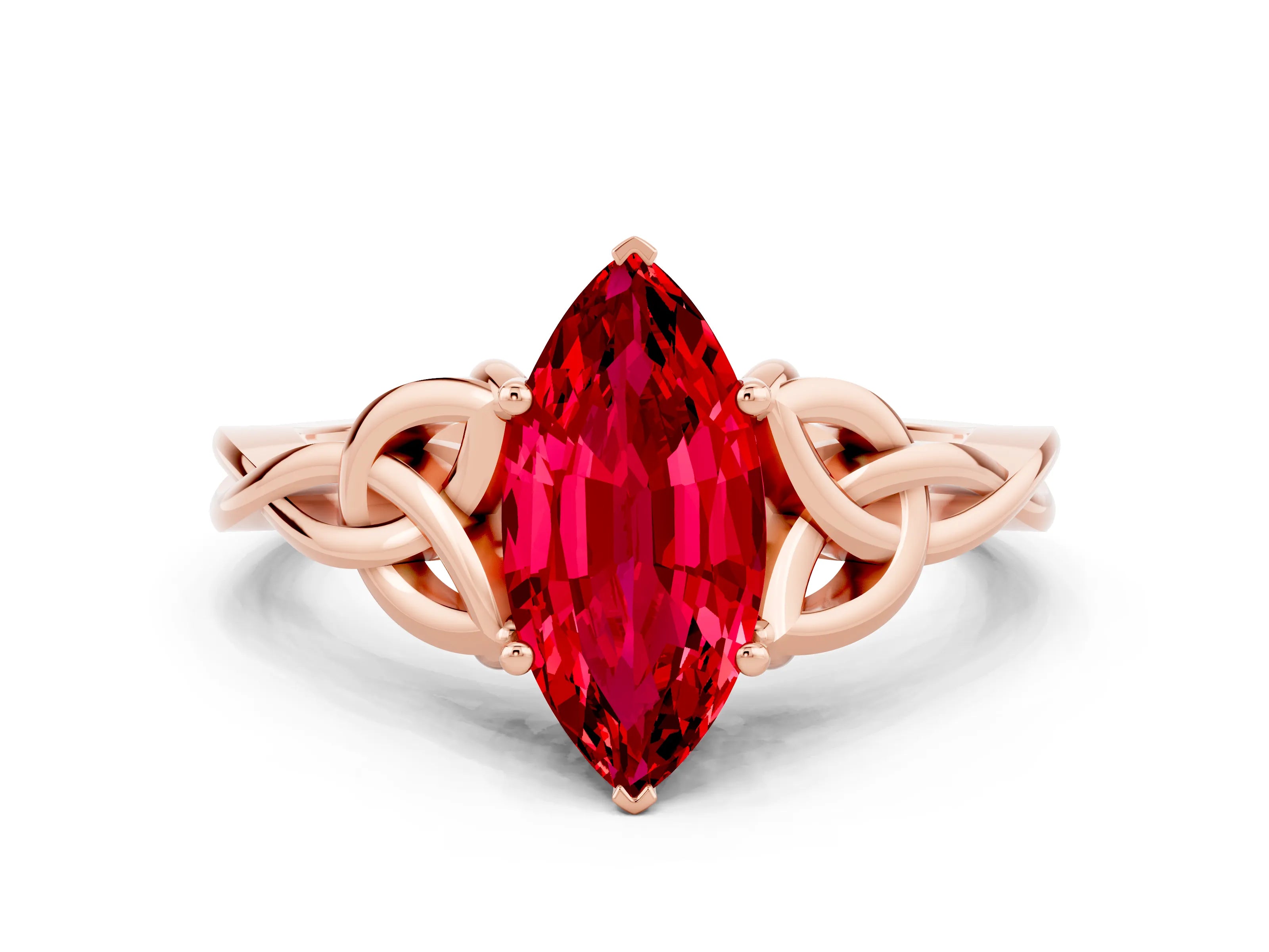 Rose gold Marquise Cut Ruby Solitaire Celtic Knot Ring with Four-Prong Setting_12