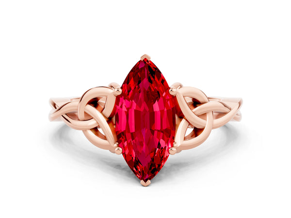 Rose gold Marquise Cut Ruby Solitaire Celtic Knot Ring with Four-Prong Setting