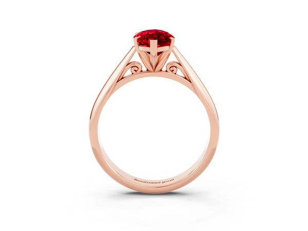 Rose gold Marquise Cut Ruby Solitaire Engagement Ring with Cathedral Setting and Four-Prong Mount