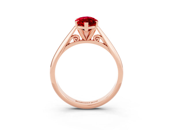 Rose gold Marquise Cut Ruby Solitaire Engagement Ring with Cathedral Setting and Four-Prong Mount