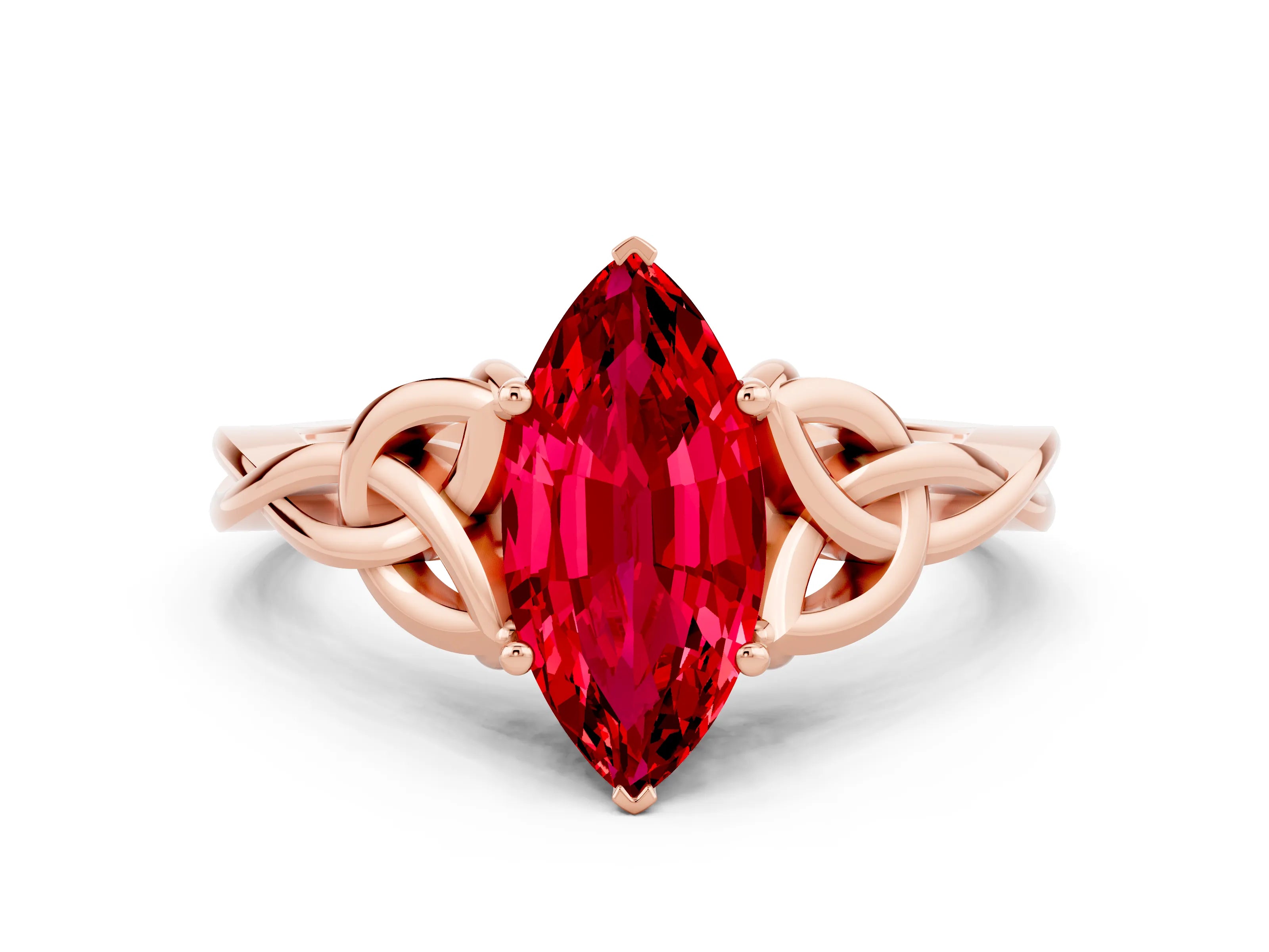 Rose gold Marquise Cut Ruby Solitaire Engagement Ring with Celtic Knot Band and Four-Prong Setting