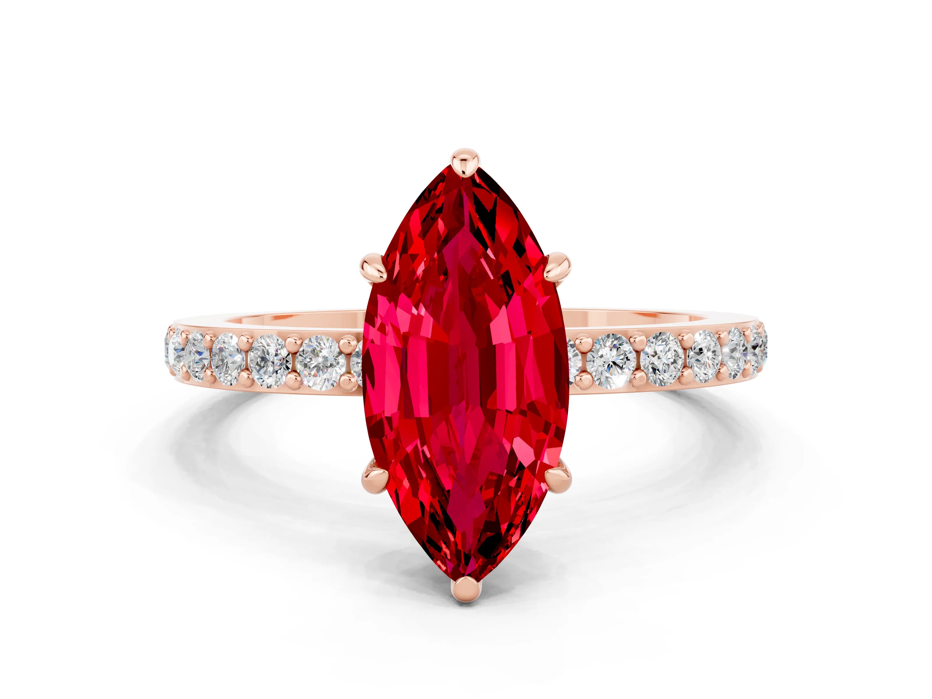 Rose gold Marquise Cut Ruby Solitaire Engagement Ring with Pavé Band and Four-Prong Setting