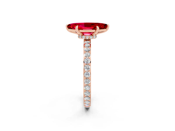 Rose gold Marquise Cut Ruby Solitaire Engagement Ring with Pavé Band and Four-Prong Setting