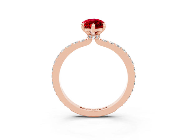 Rose gold Marquise Cut Ruby Solitaire Engagement Ring with Pavé Band and Four-Prong Setting
