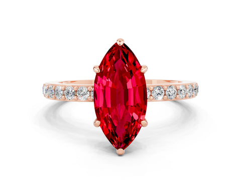 Rose gold Marquise Cut Ruby Solitaire Engagement Ring with Pavé Band and Four-Prong Setting