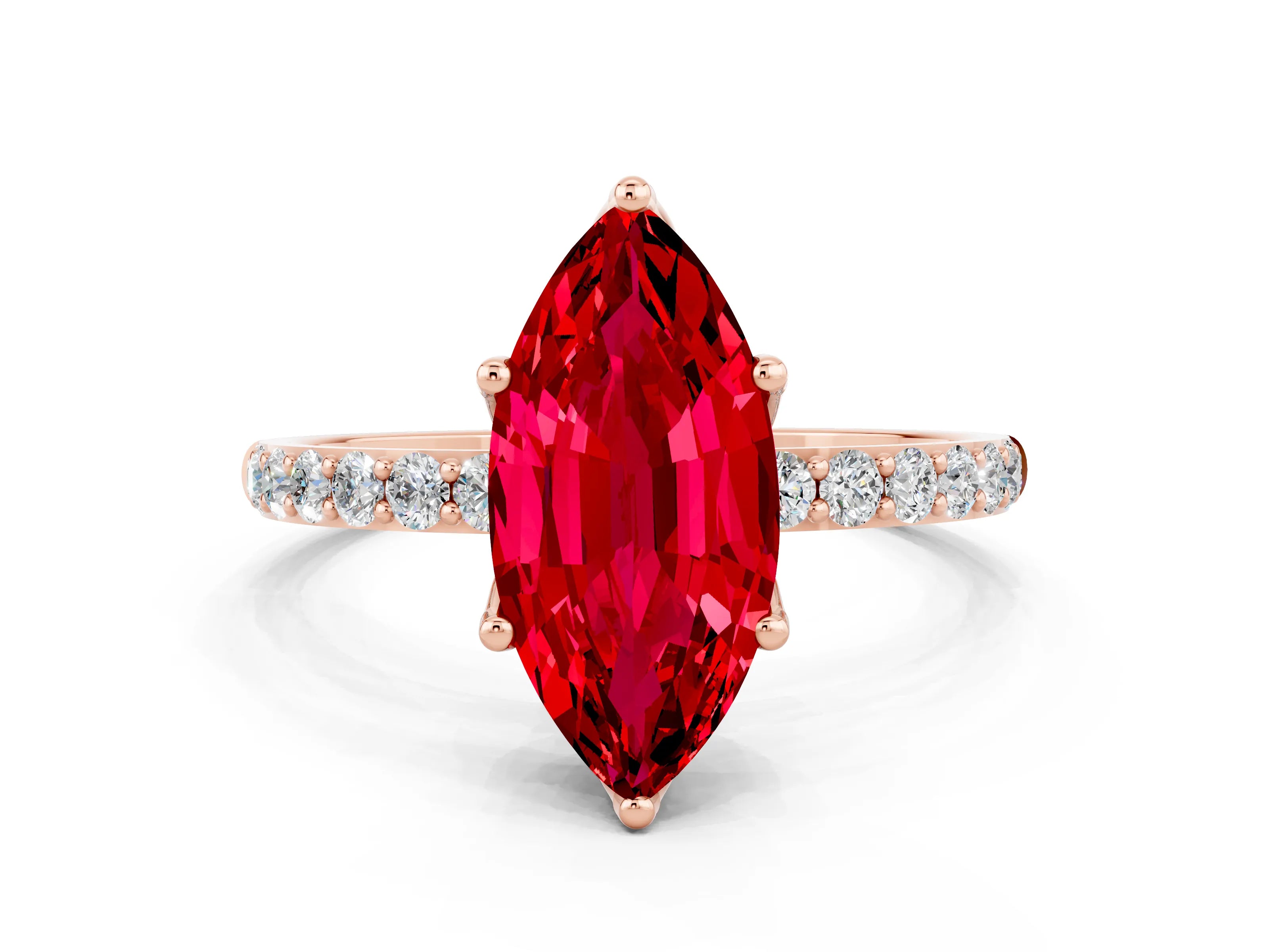 Rose gold Marquise Cut Ruby Solitaire Engagement Ring with Pavé Band and Prong Setting