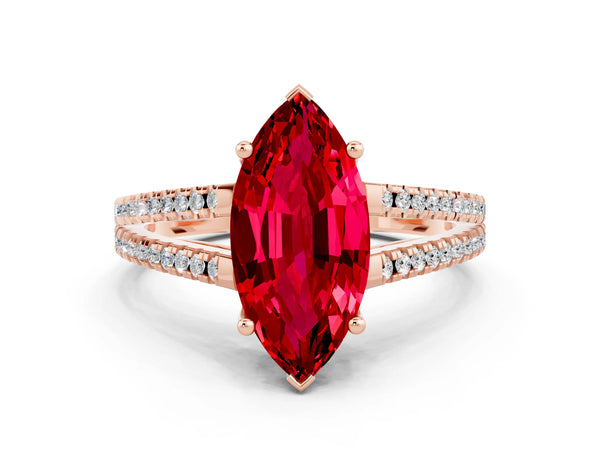 Rose gold Marquise Cut Ruby Solitaire Engagement Ring with Split Shank Pavé Band