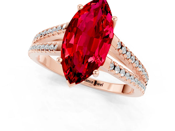Rose gold Marquise Cut Ruby Solitaire Engagement Ring with Split Shank Pavé Band