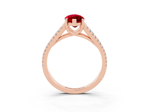 Rose gold Marquise Cut Ruby Solitaire Engagement Ring with Split Shank Pavé Band