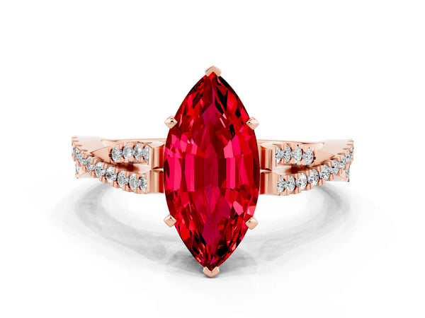 Rose gold Marquise Cut Ruby Solitaire Engagement Ring with Twisted Pavé Band and Four-Prong Setting