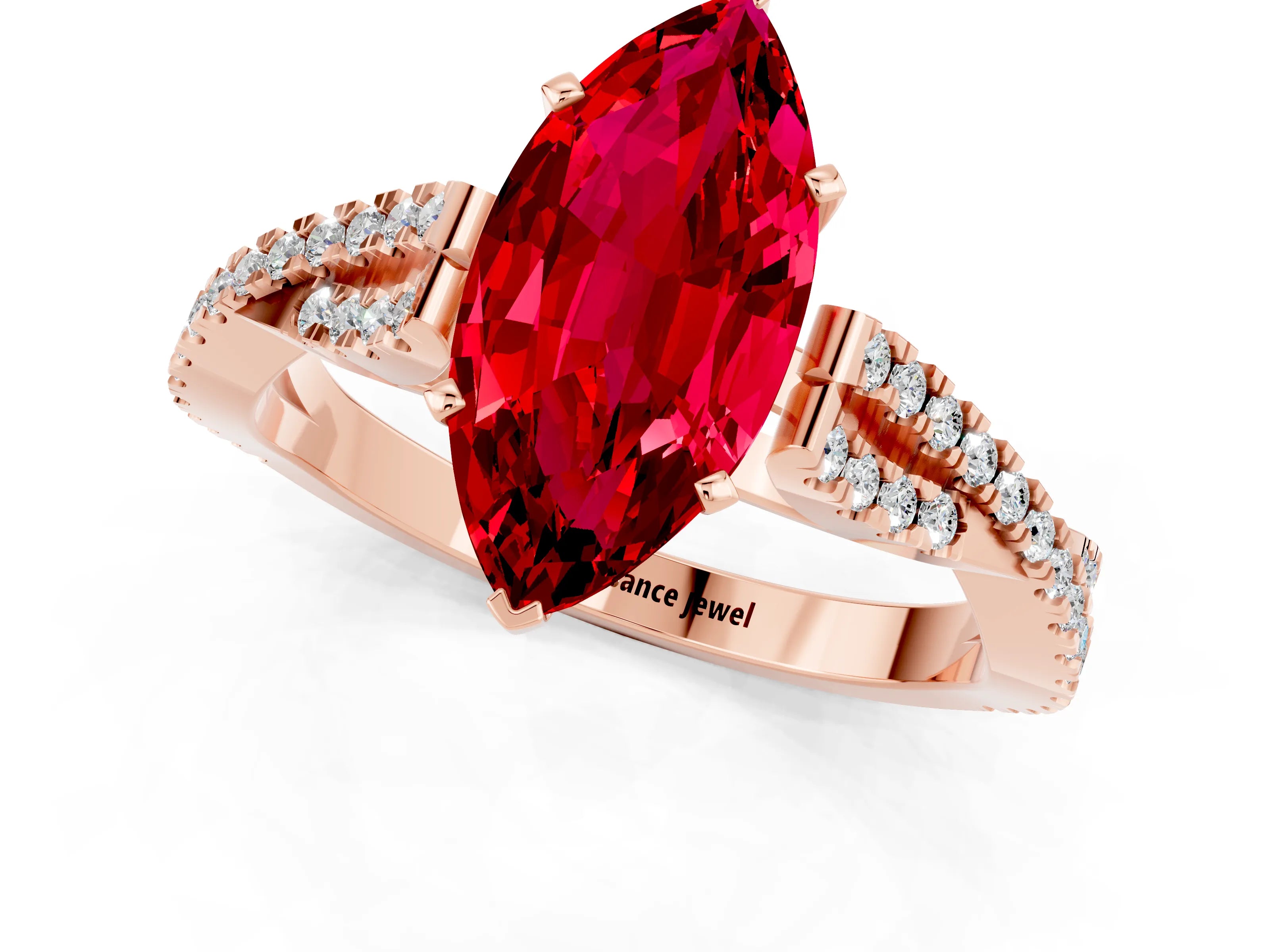 Rose gold Marquise Cut Ruby Solitaire Engagement Ring with Twisted Pavé Band and Four-Prong Setting_1