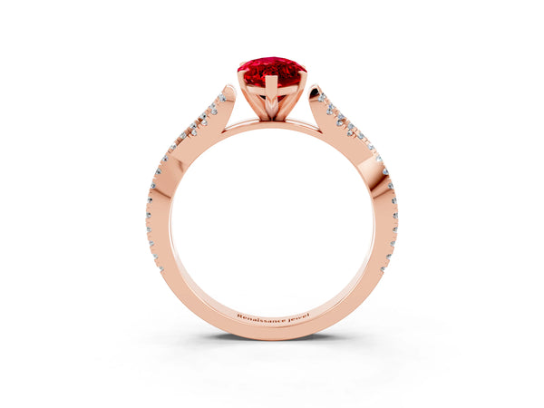 Rose gold Marquise Cut Ruby Solitaire Engagement Ring with Twisted Pavé Band and Four-Prong Setting