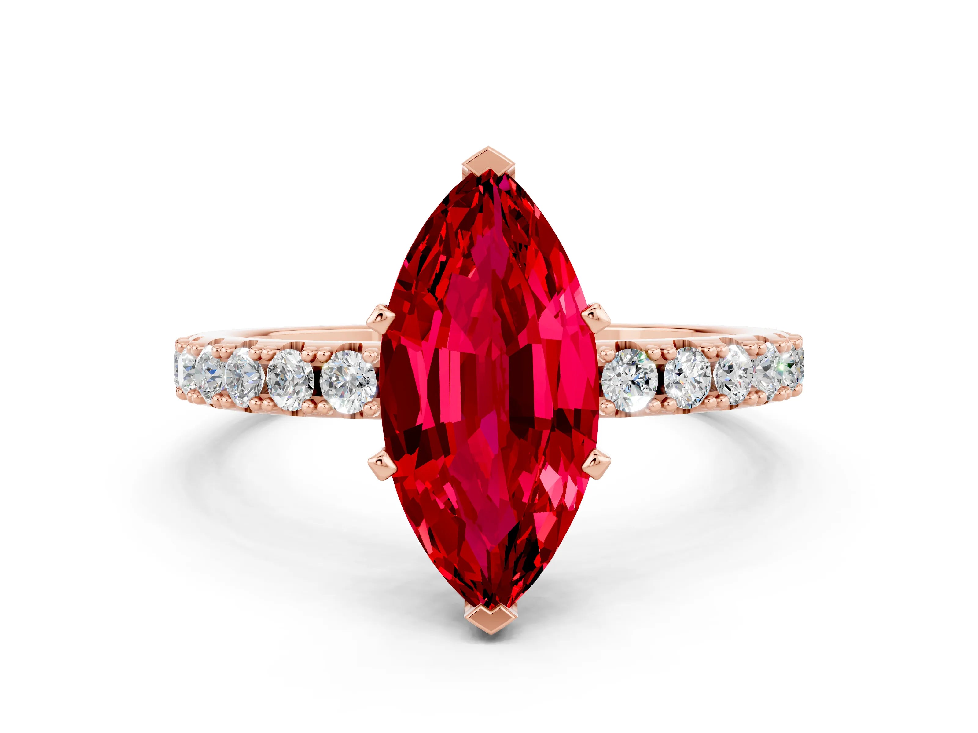 Rose gold Marquise Cut Ruby Solitaire Pavé Band with Four-Prong Setting