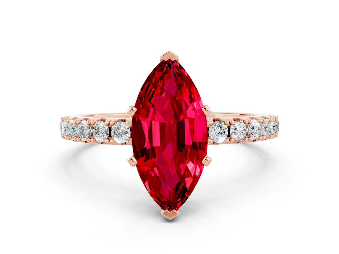 Rose gold Marquise Cut Ruby Solitaire Pavé Band with Four-Prong Setting