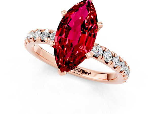 Rose gold Marquise Cut Ruby Solitaire Pavé Engagement Ring with Round Band and Prong Setting