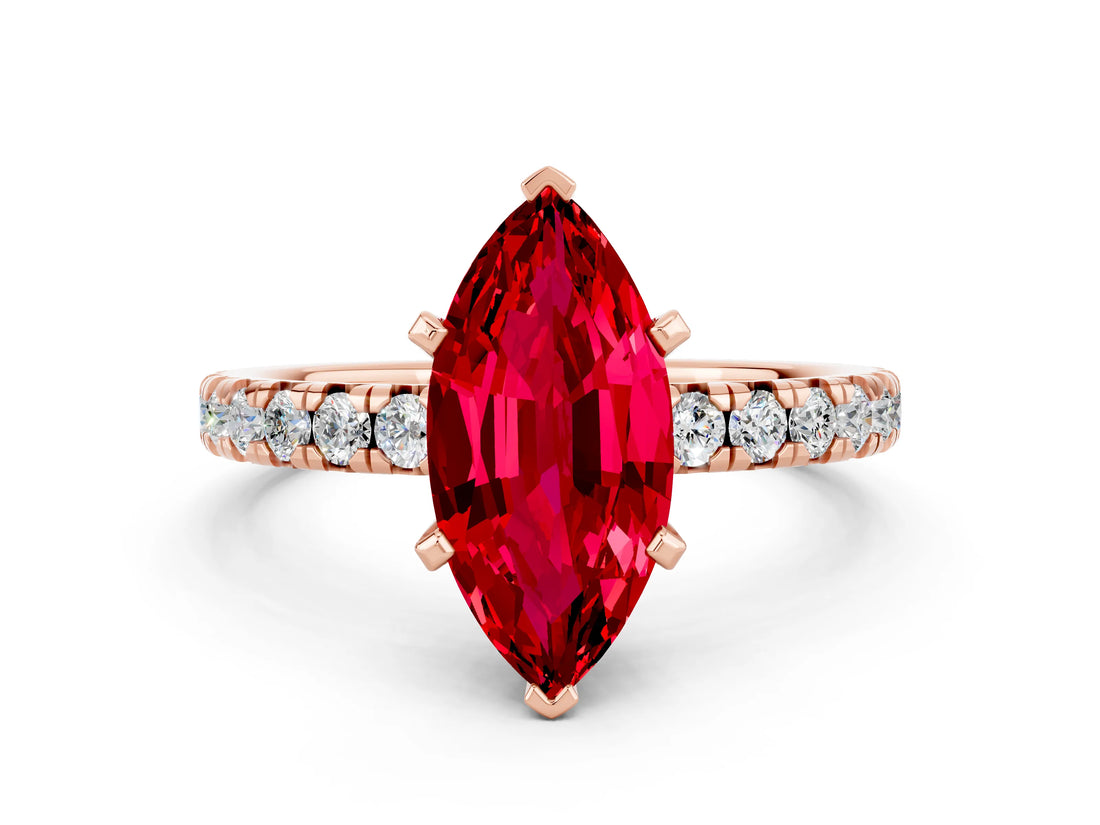 Rose gold Marquise Cut Ruby Solitaire Pavé Engagement Ring with Round Band and Prong Setting_67