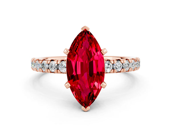 Rose Gold Marquise Lab-Grown Ruby Solitaire Engagement Ring with Large Round Accent Band