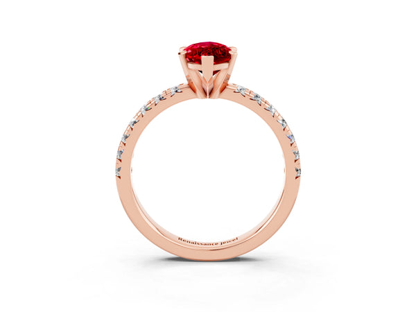 Rose Gold Marquise Lab-Grown Ruby Solitaire Engagement Ring with Large Round Accent Band