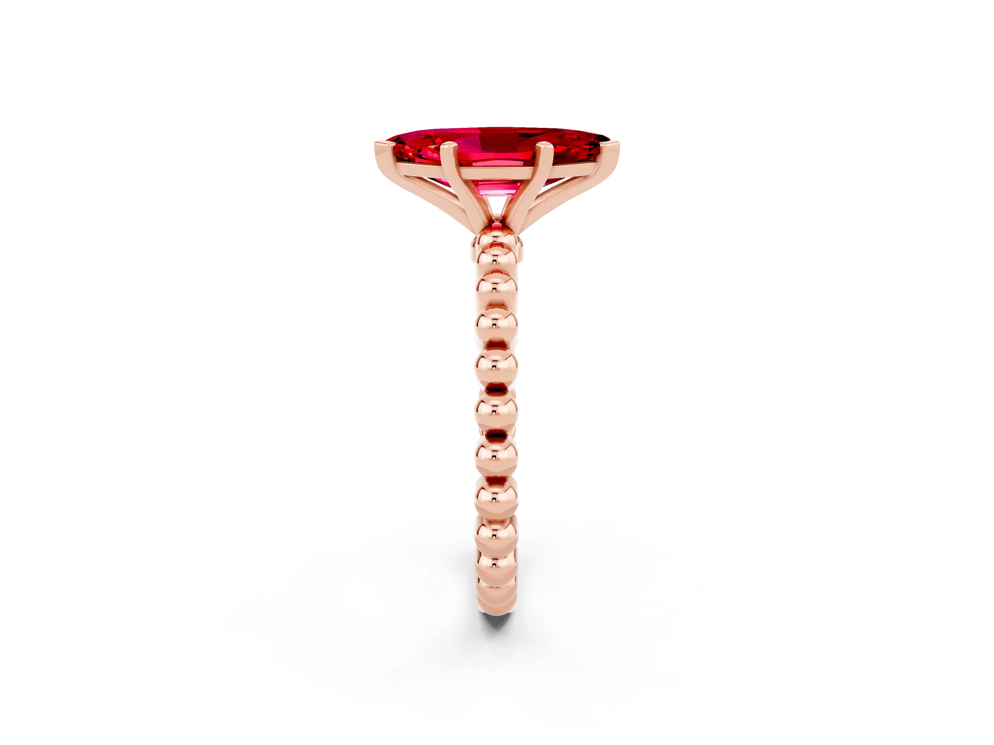 Rose gold Marquise Cut Ruby Solitaire Ring with Beaded Band and Prong Setting_2