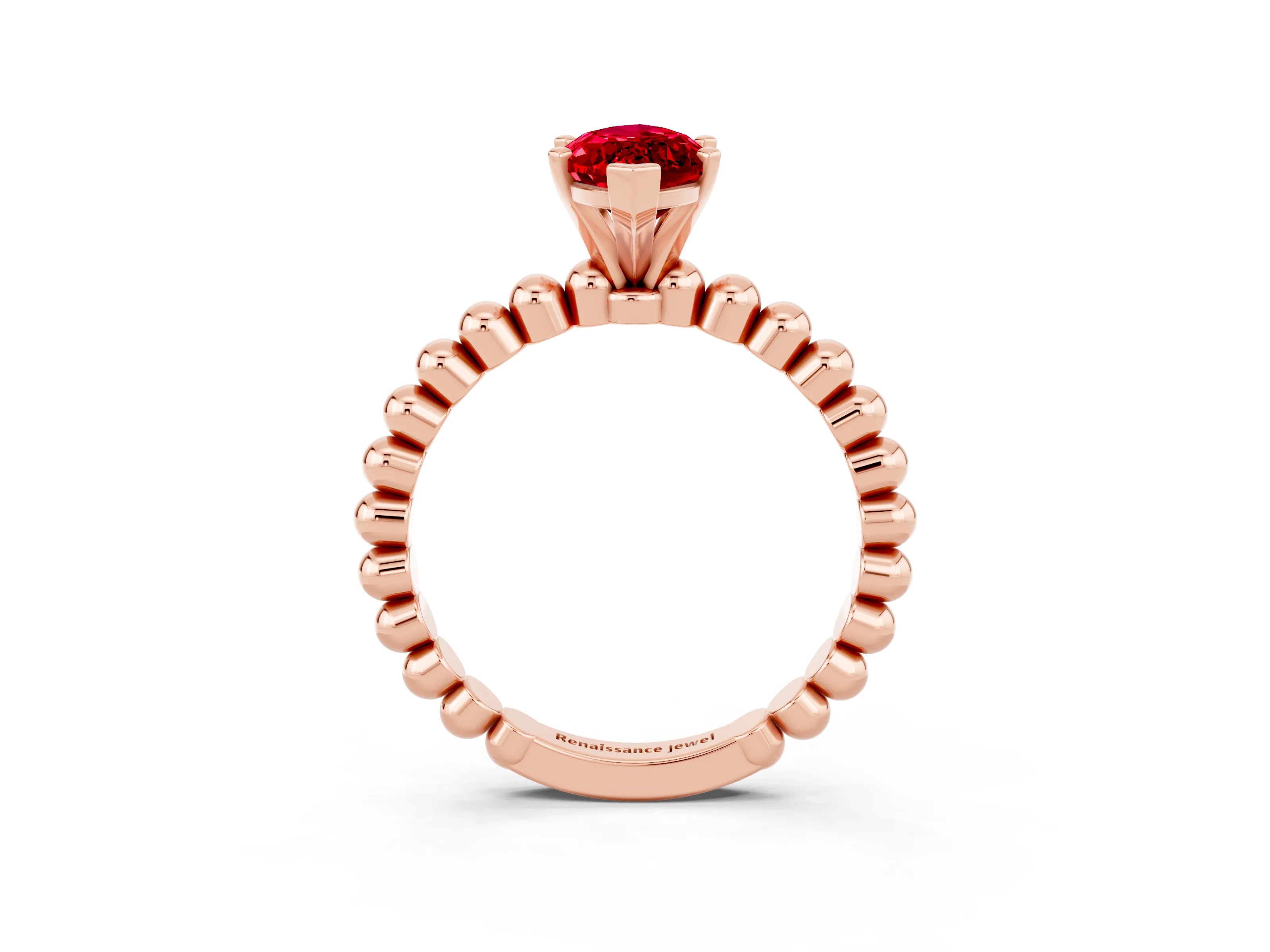 Rose gold Marquise Cut Ruby Solitaire Ring with Beaded Band and Prong Setting_3