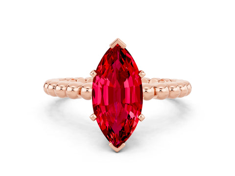 Rose gold Marquise Cut Ruby Solitaire Ring with Beaded Band and Prong Setting
