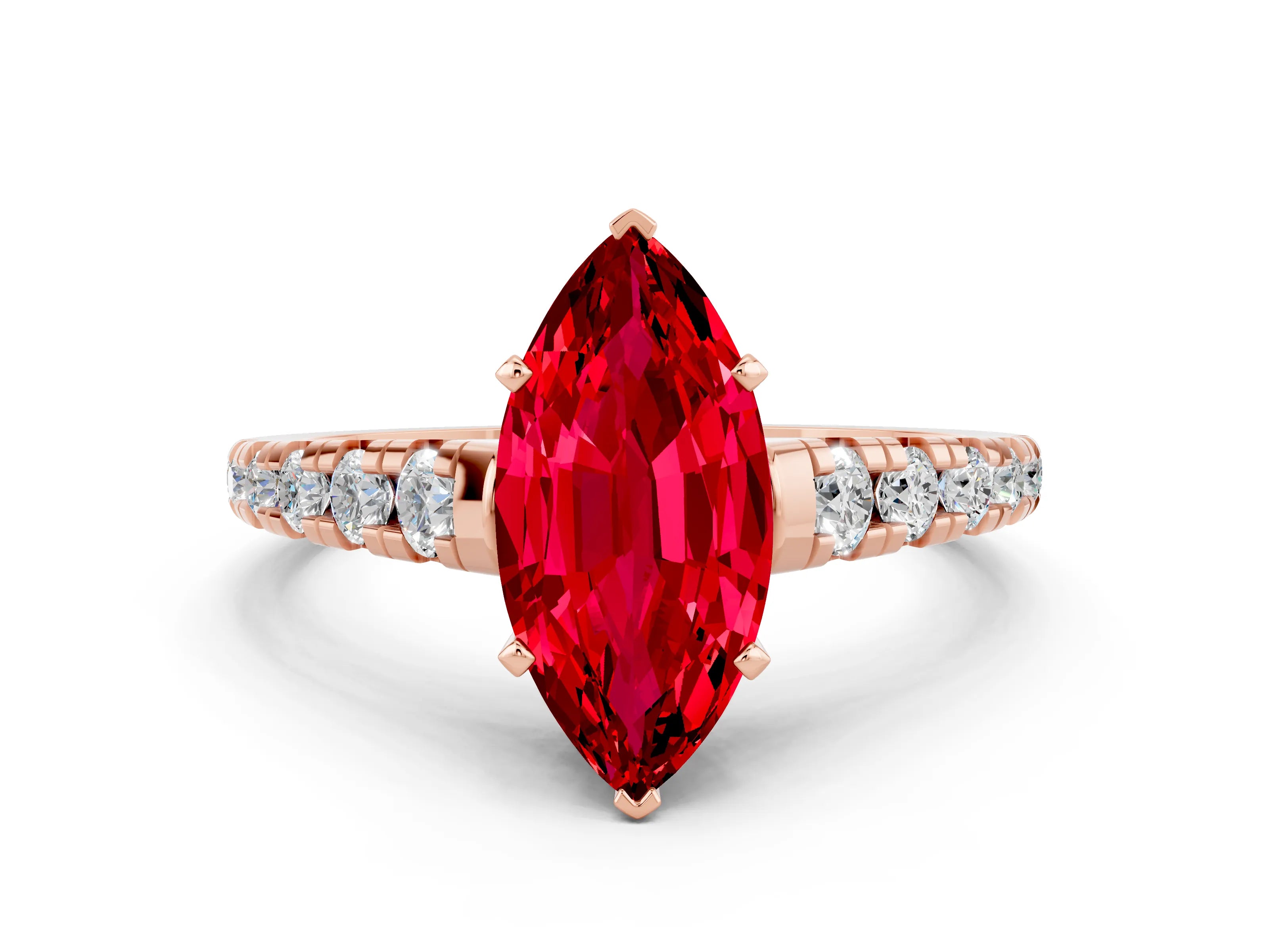 Rose gold Marquise Cut Ruby Solitaire Ring with Cathedral Setting and Pavé Band