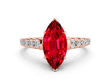 Rose gold Marquise Cut Ruby Solitaire Ring with Cathedral Setting and Pavé Band