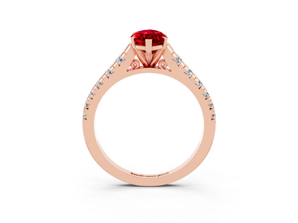 Rose gold Marquise Cut Ruby Cathedral Solitaire Ring with Round  Pavé Band