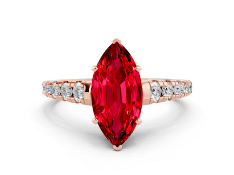 Rose gold Marquise Cut Ruby Solitaire Ring with Cathedral Setting and Pavé Band