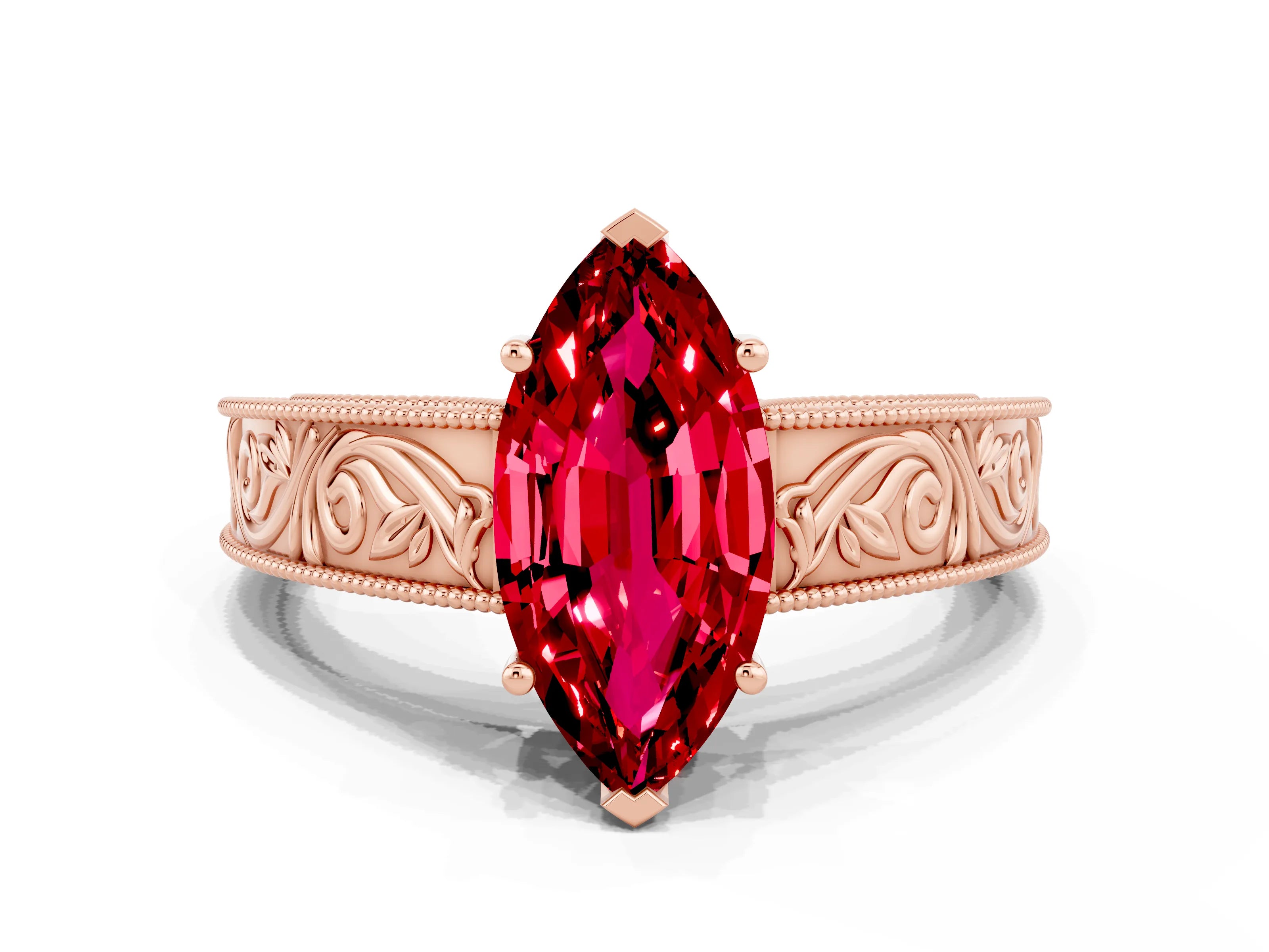 Rose gold Marquise Cut Ruby Solitaire Ring with Engraved Band and Four-Prong Setting