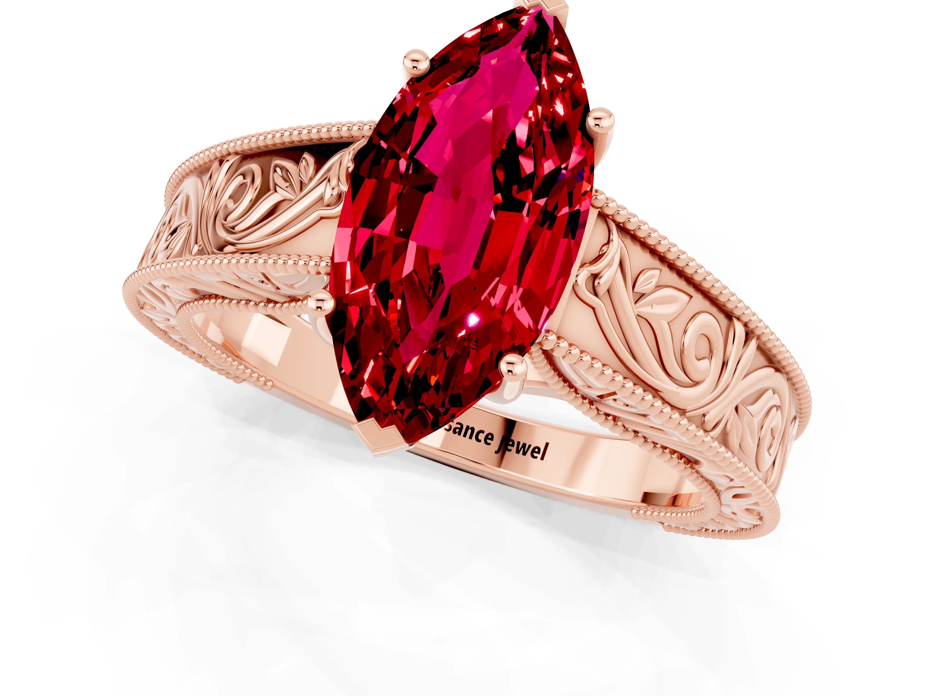 Rose gold Marquise Cut Ruby Solitaire Ring with Engraved Band and Four-Prong Setting_1