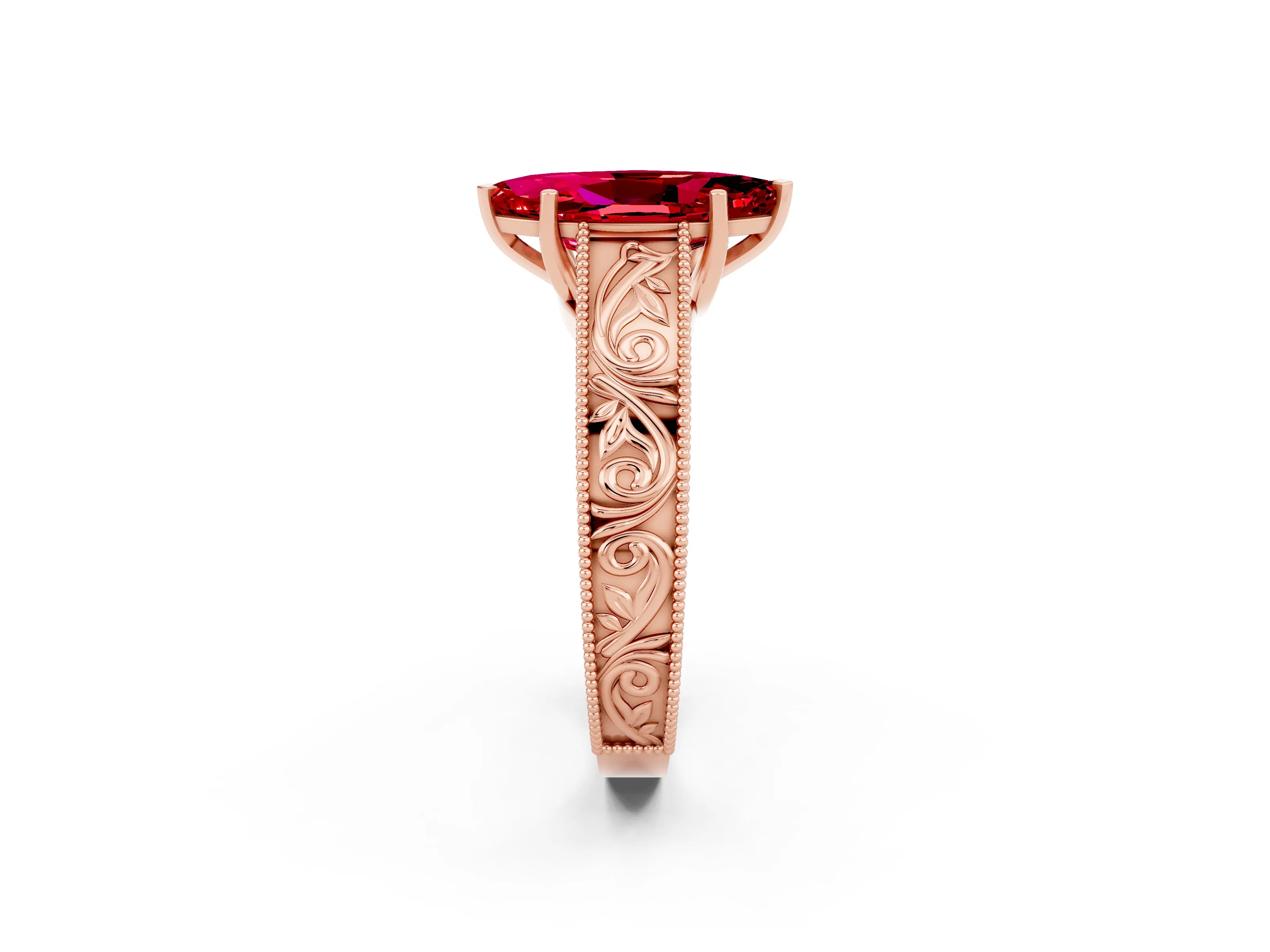 Rose gold Marquise Cut Ruby Solitaire Ring with Engraved Band and Four-Prong Setting_2