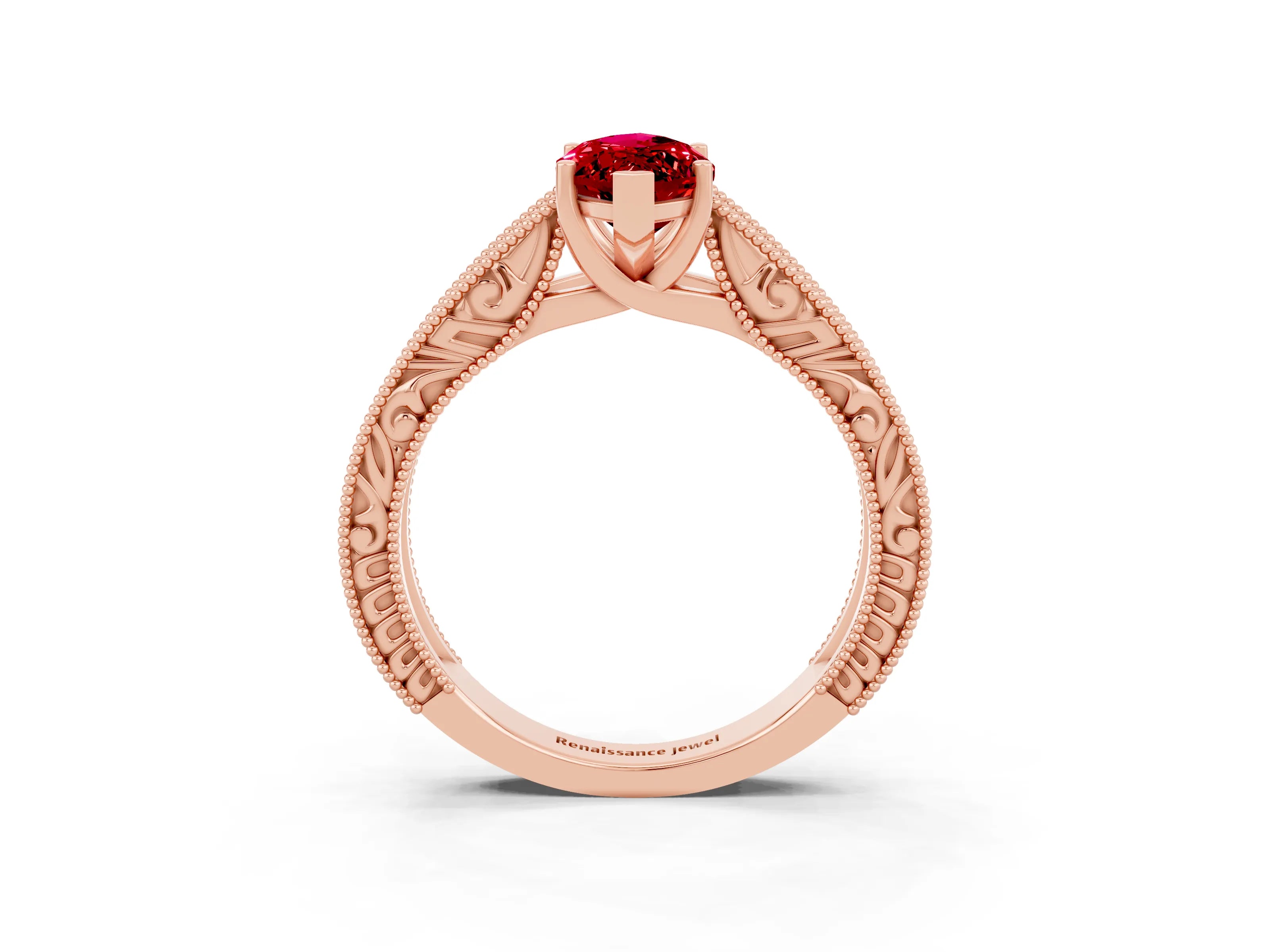Rose gold Marquise Cut Ruby Solitaire Ring with Engraved Band and Four-Prong Setting_3