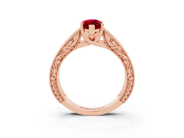 Rose gold Marquise Cut Ruby Solitaire Ring with Engraved Band and Four-Prong Setting