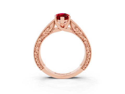 Rose gold Marquise Cut Ruby Solitaire Ring with Engraved Band and Four-Prong Setting_3