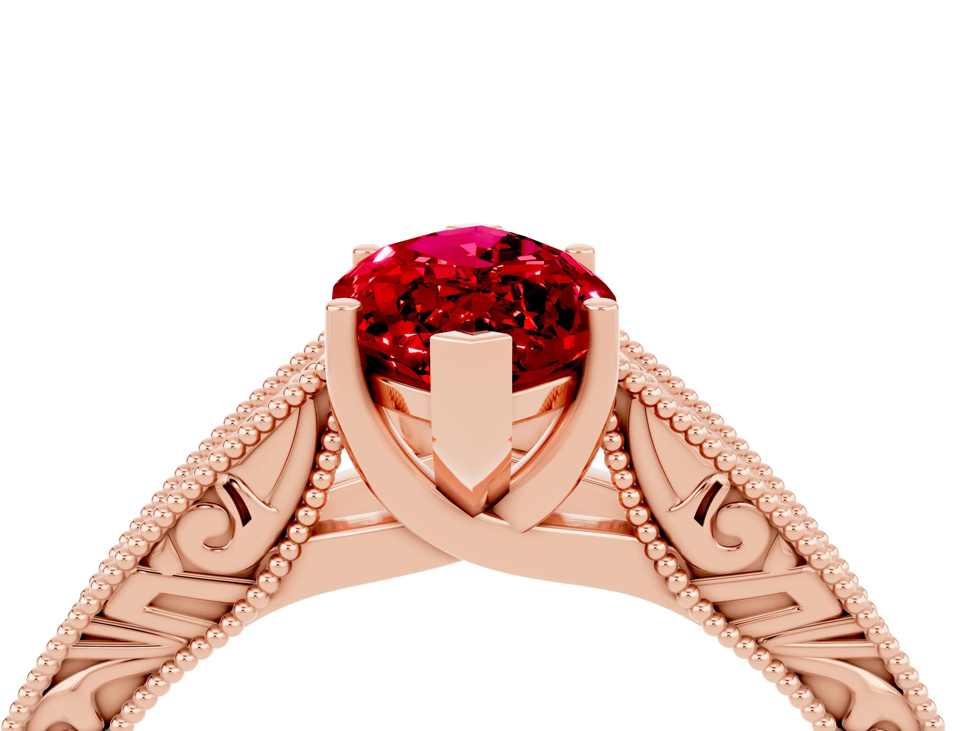 Rose gold Marquise Cut Ruby Solitaire Ring with Engraved Band and Four-Prong Setting_4