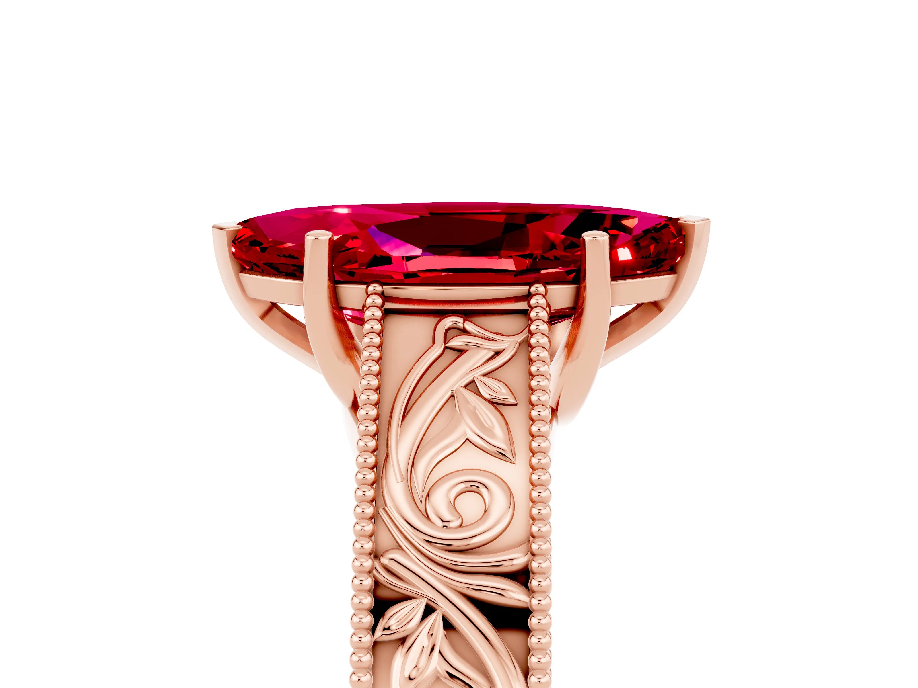Rose gold Marquise Cut Ruby Solitaire Ring with Engraved Band and Four-Prong Setting_5