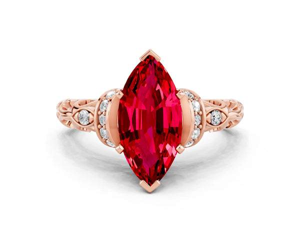 Rose gold Marquise Cut Ruby Solitaire Ring with Filigree Band and Four-Prong Setting