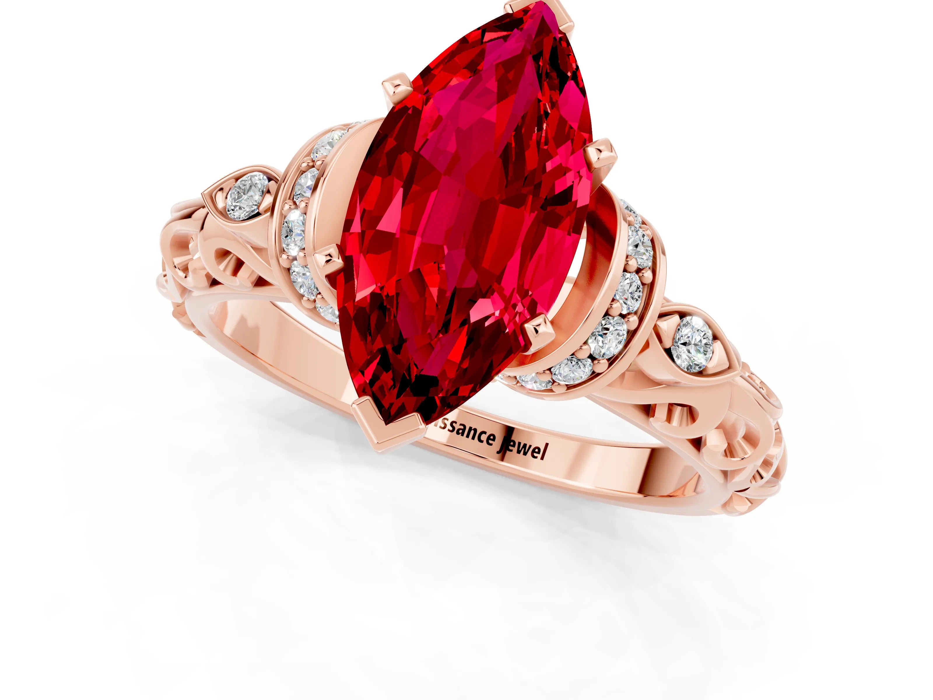 Rose gold Marquise Cut Ruby Solitaire Ring with Filigree Band and Four-Prong Setting_25