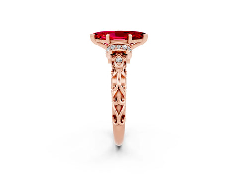 Rose gold Marquise Cut Ruby Solitaire Ring with Filigree Band and Four-Prong Setting_26