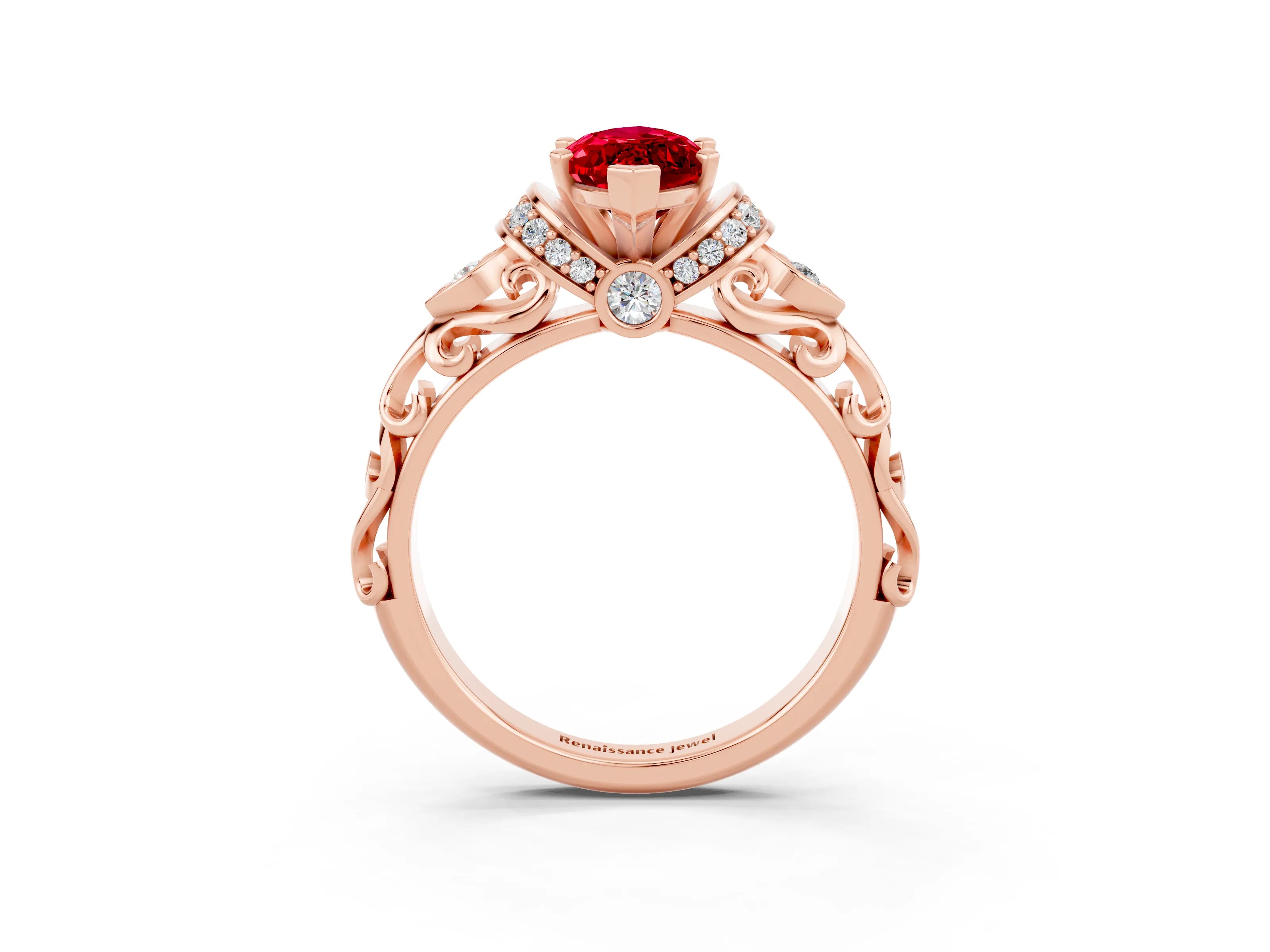Rose gold Marquise Cut Ruby Solitaire Ring with Filigree Band and Four-Prong Setting_27