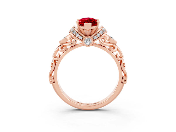 Rose gold Marquise Cut Ruby Solitaire Ring with Filigree Band and Four-Prong Setting