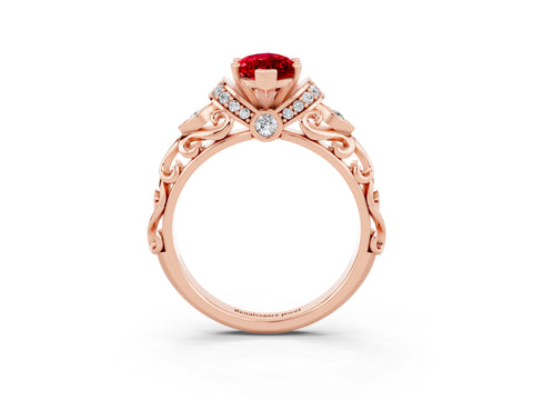 Rose gold Marquise Cut Ruby Solitaire Ring with Filigree Band and Four-Prong Setting_27