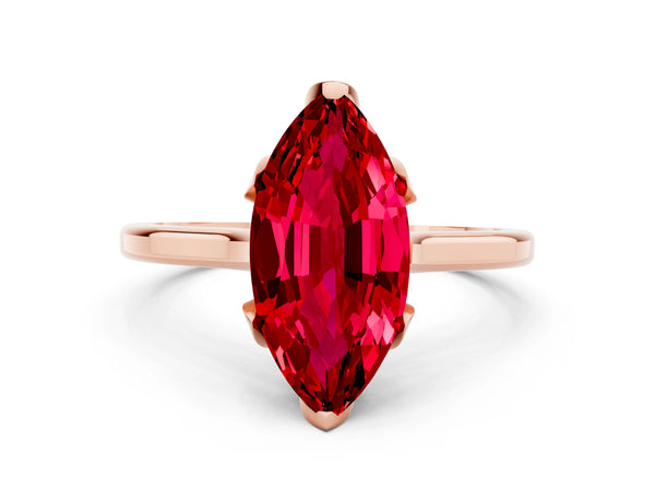 Rose gold Marquise Cut Ruby Solitaire Ring with Flower Prong Setting and Classic Band